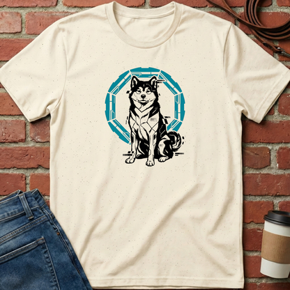 Beige t-shirt with a dog graphic on a brick wall background. Minimalist dog apparel by pemuyo.
