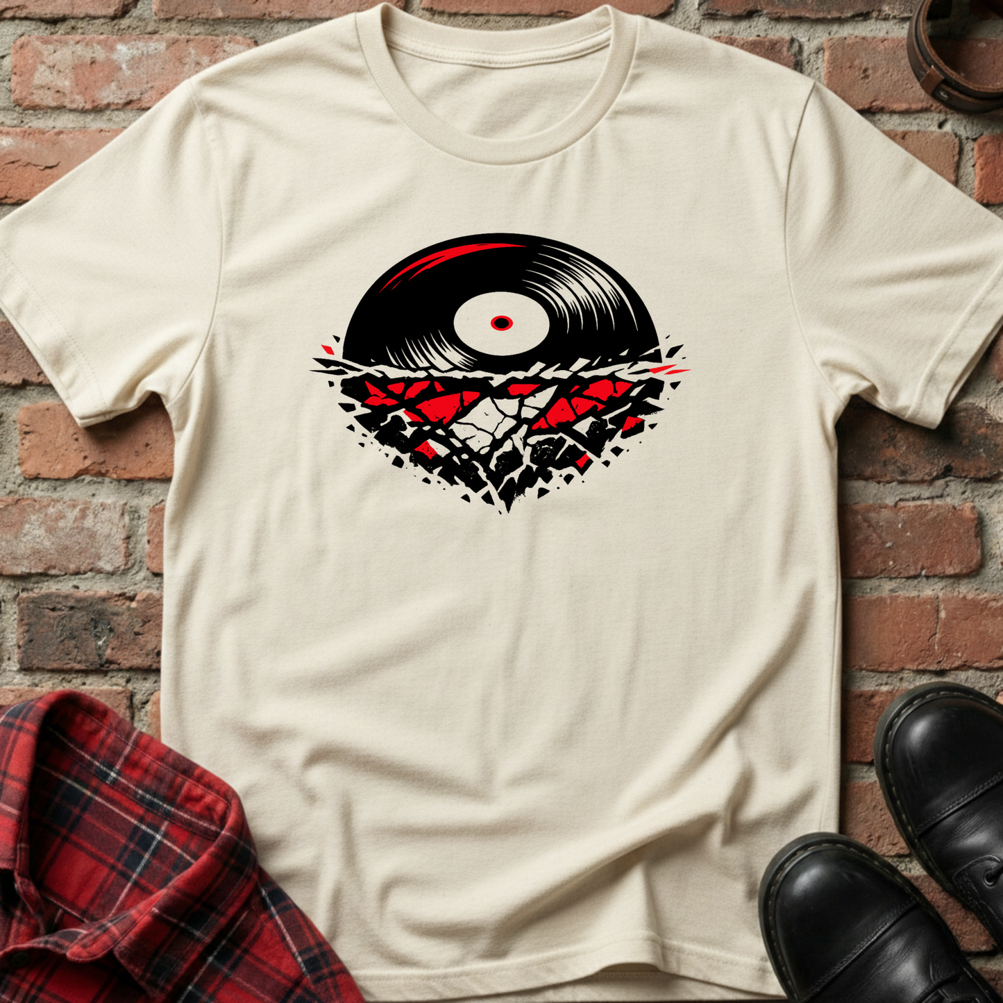 Beige t-shirt with vinyl record design on a brick wall background. Minimalist music apparel by pemuyo.