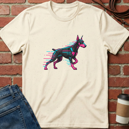 Beige t-shirt with a graphic of a dog on a brick wall background. Minimalist dog apparel by pemuyo.