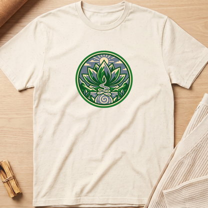 An off-white crewneck t-shirt laid flat on a light wood background, featuring a circular green and blue lotus medallion graphic printed on the chest. Minimalist yoga apparel by pemuyo.