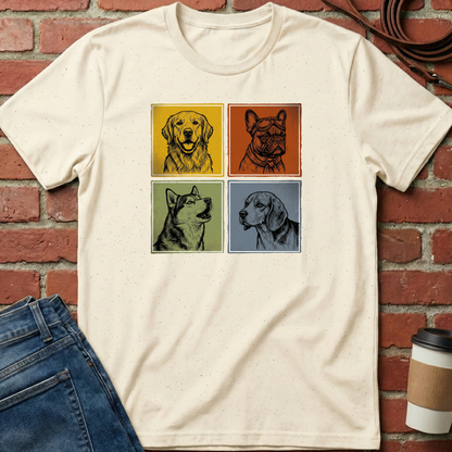 Beige t-shirt with dog illustrations on a brick wall background. Minimalist dog apparel by pemuyo.
