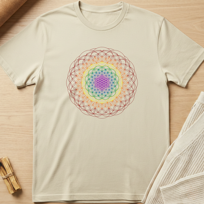 Beige t-shirt with a colorful geometric design on a wooden surface. Minimalist yoga apparel by pemuyo.