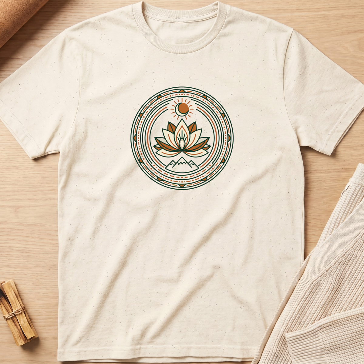 An off-white crewneck t-shirt laid flat on a light wood background, featuring a circular bohemian-style lotus flower graphic in green, brown, and orange on the chest. Minimalist yoga apparel by pemuyo.