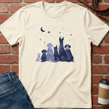Beige t-shirt with dog illustration on a brick wall background. Minimalist dog apparel by pemuyo.