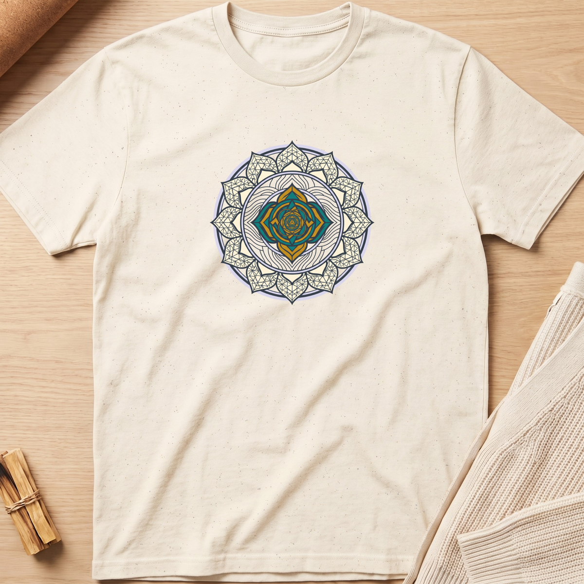 An off-white short-sleeve t-shirt with a detailed mandala graphic in blue, gold, and white on the chest, laid flat on a light wood background with neutral props. Minimalist yoga apparel by pemuyo.