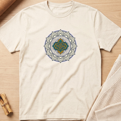 An off-white short-sleeve t-shirt with a detailed mandala graphic in blue, gold, and white on the chest, laid flat on a light wood background with neutral props. Minimalist yoga apparel by pemuyo.
