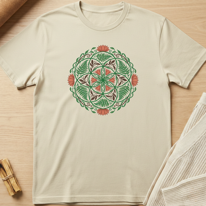 Beige t-shirt with a green and red floral mandala design on a wooden surface. Minimalist yoga apparel by pemuyo.