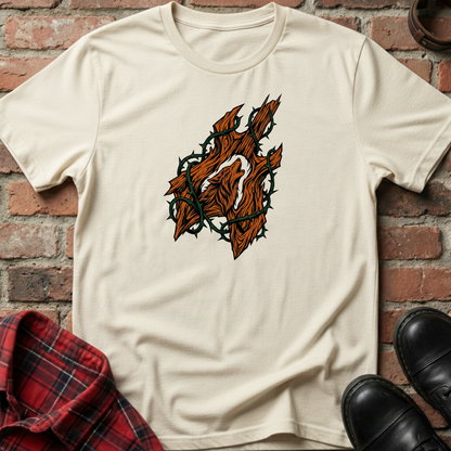 Beige t-shirt with a graphic design on a brick wall background. Minimalist music apparel by pemuyo.