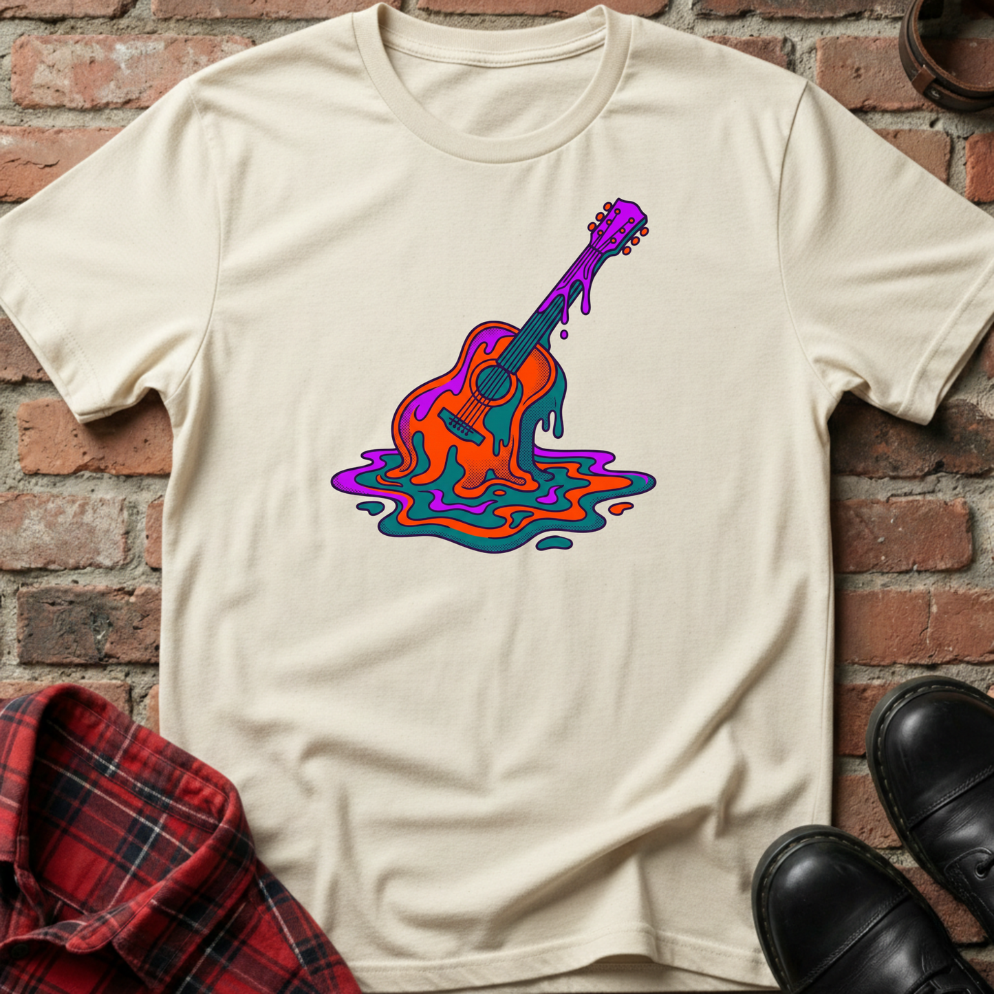 Beige t-shirt with a colorful guitar graphic on a brick wall background. Minimalist music apparel by pemuyo.