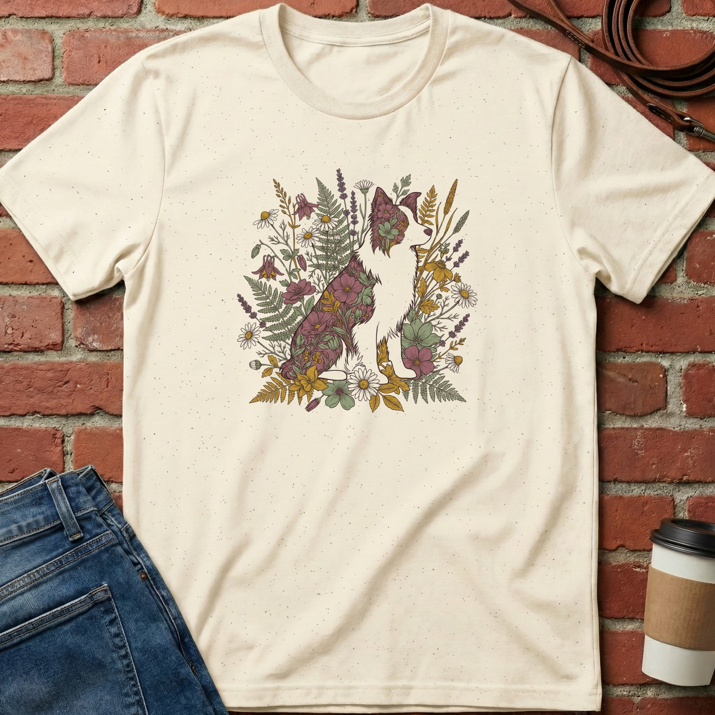 Beige t-shirt with a floral dog design on a brick wall background. Minimalist dog apparel by pemuyo.