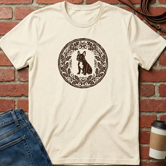 Beige t-shirt with a black dog graphic on a brick wall background. Minimalist dog apparel by pemuyo.