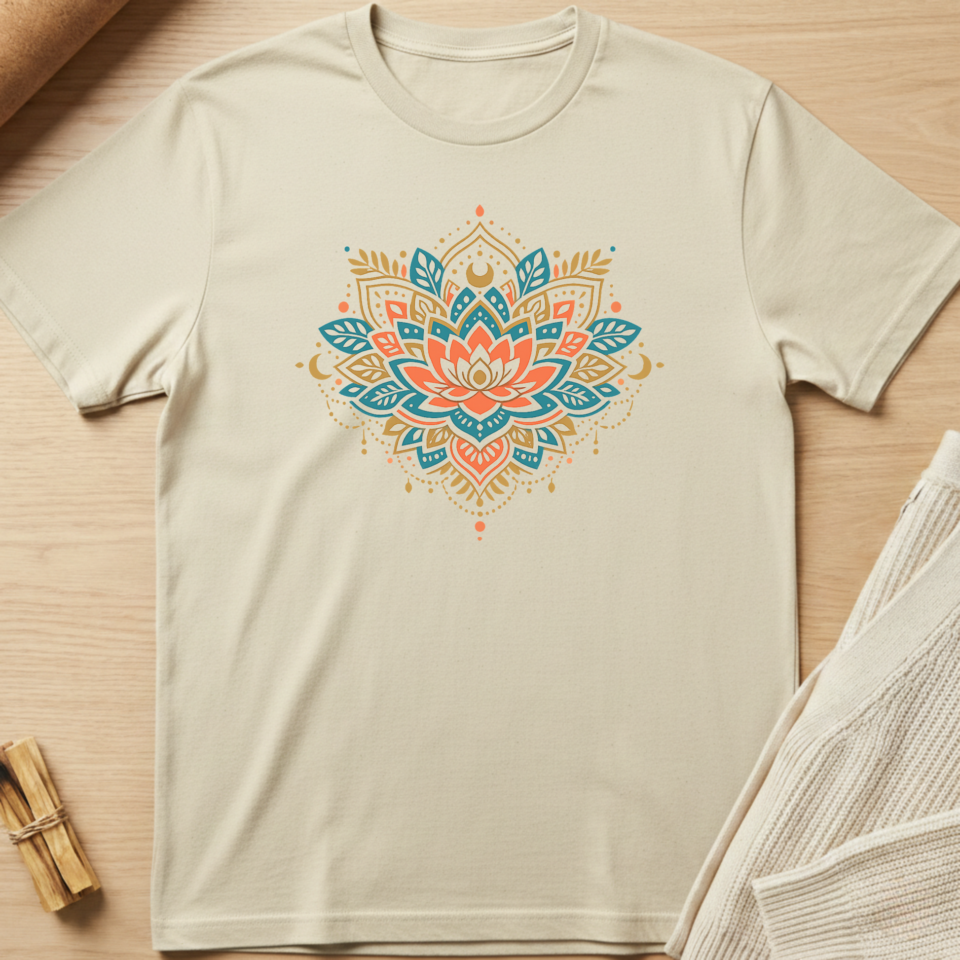 Beige t-shirt with a colorful lotus flower design on a wooden surface. Minimalist yoga apparel by pemuyo.
