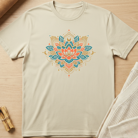 Beige t-shirt with a colorful lotus flower design on a wooden surface. Minimalist yoga apparel by pemuyo.