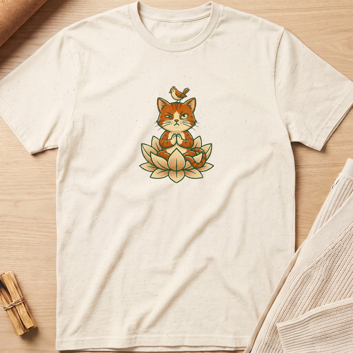 An off-white short-sleeve t-shirt with a cute graphic of a meditating orange tabby cat sitting on a lotus flower with a small bird on its head, displayed flat on a light wood background. Minimalist yoga apparel by pemuyo.