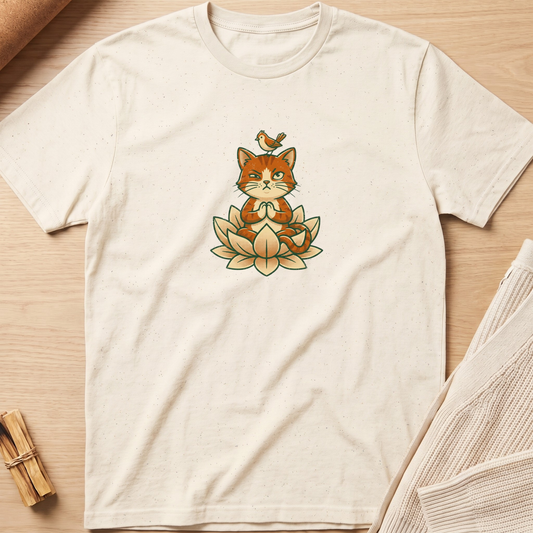An off-white short-sleeve t-shirt with a cute graphic of a meditating orange tabby cat sitting on a lotus flower with a small bird on its head, displayed flat on a light wood background. Minimalist yoga apparel by pemuyo.