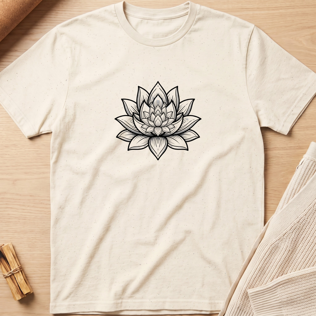 An off-white short-sleeve t-shirt with a black line art lotus flower graphic on the chest, laid flat on a light wood background with neutral props. Minimalist yoga apparel by pemuyo.