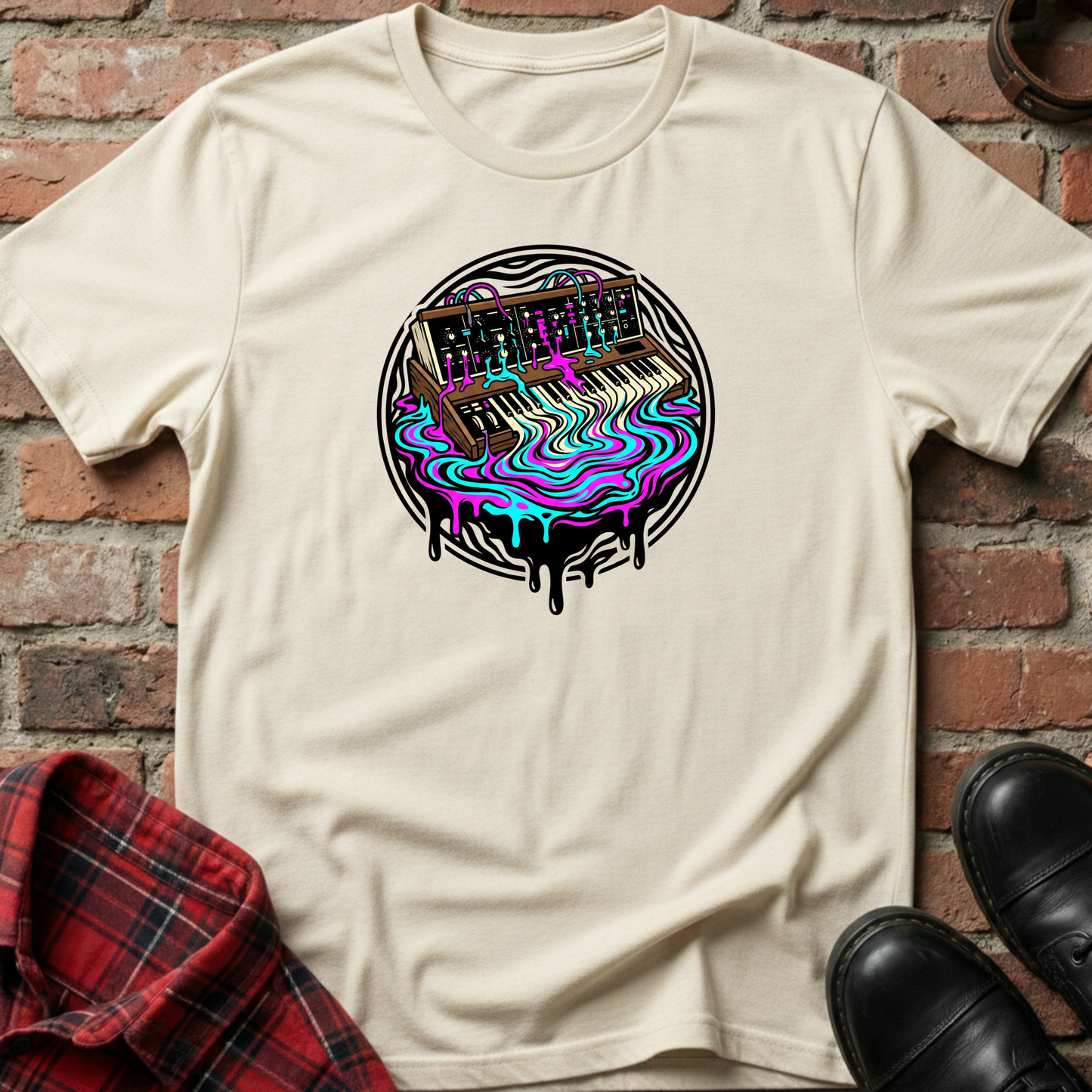 Beige t-shirt with a colorful graphic design on a brick wall background. Minimalist music apparel by pemuyo.