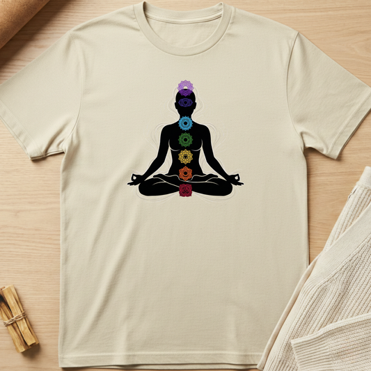 Beige t-shirt with a black silhouette of a person in meditation with chakra symbols on a wooden surface. Minimalist yoga apparel by pemuyo.