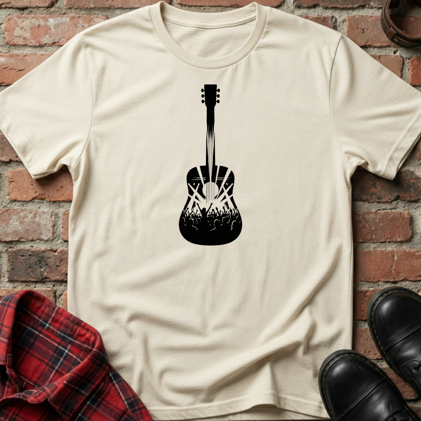 Beige t-shirt with black guitar graphic on a brick wall background. Minimalist music apparel by pemuyo.