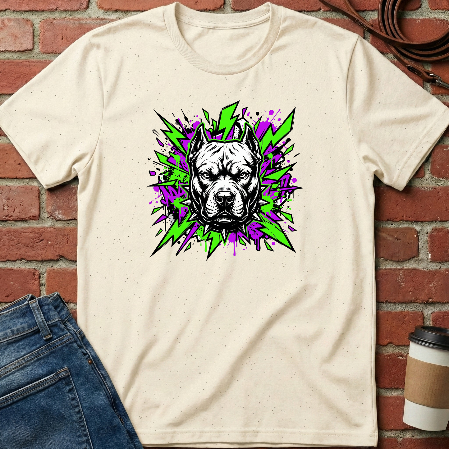 Beige t-shirt with a graphic of a dog's head on a brick wall background. Minimalist dog apparel by pemuyo.
