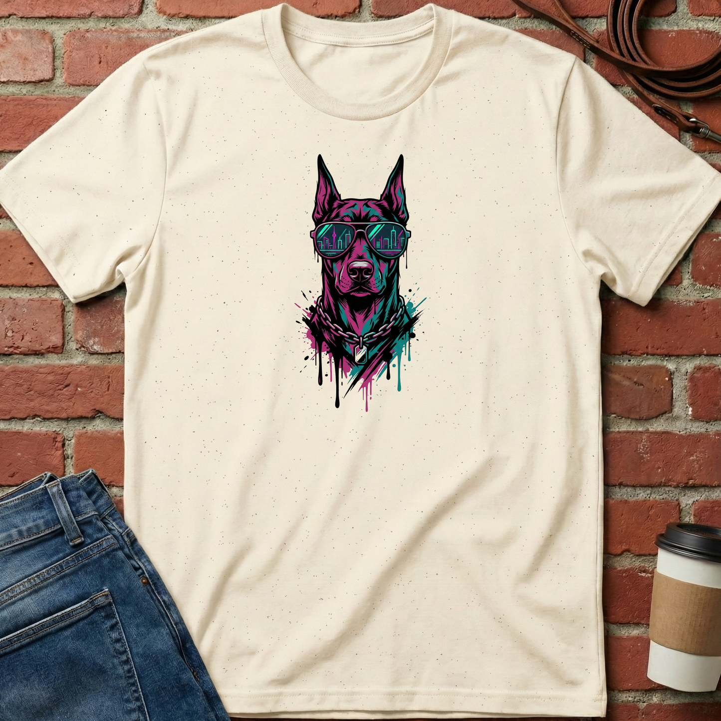 Beige t-shirt with a colorful dog graphic on a brick wall background. Minimalist dog apparel by pemuyo.