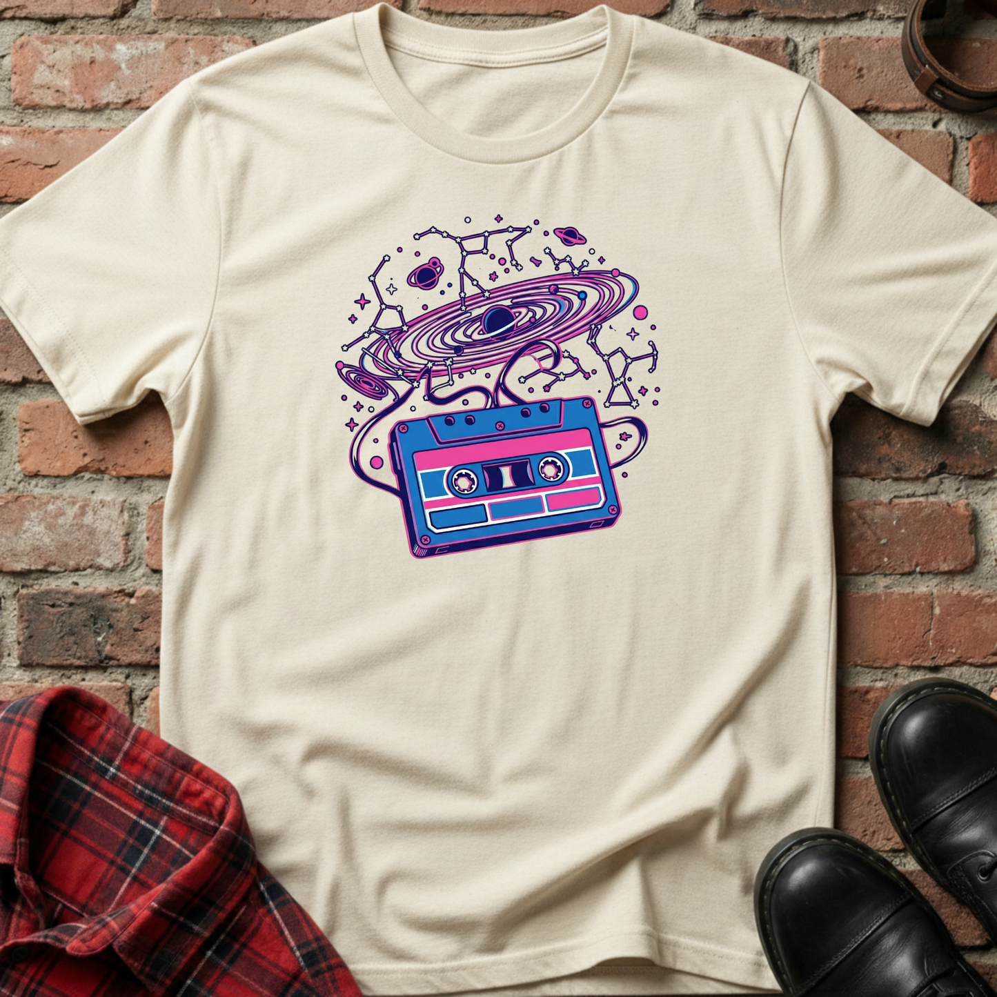 Beige t-shirt with a purple and blue cassette tape graphic on a brick wall background. Minimalist music apparel by pemuyo.