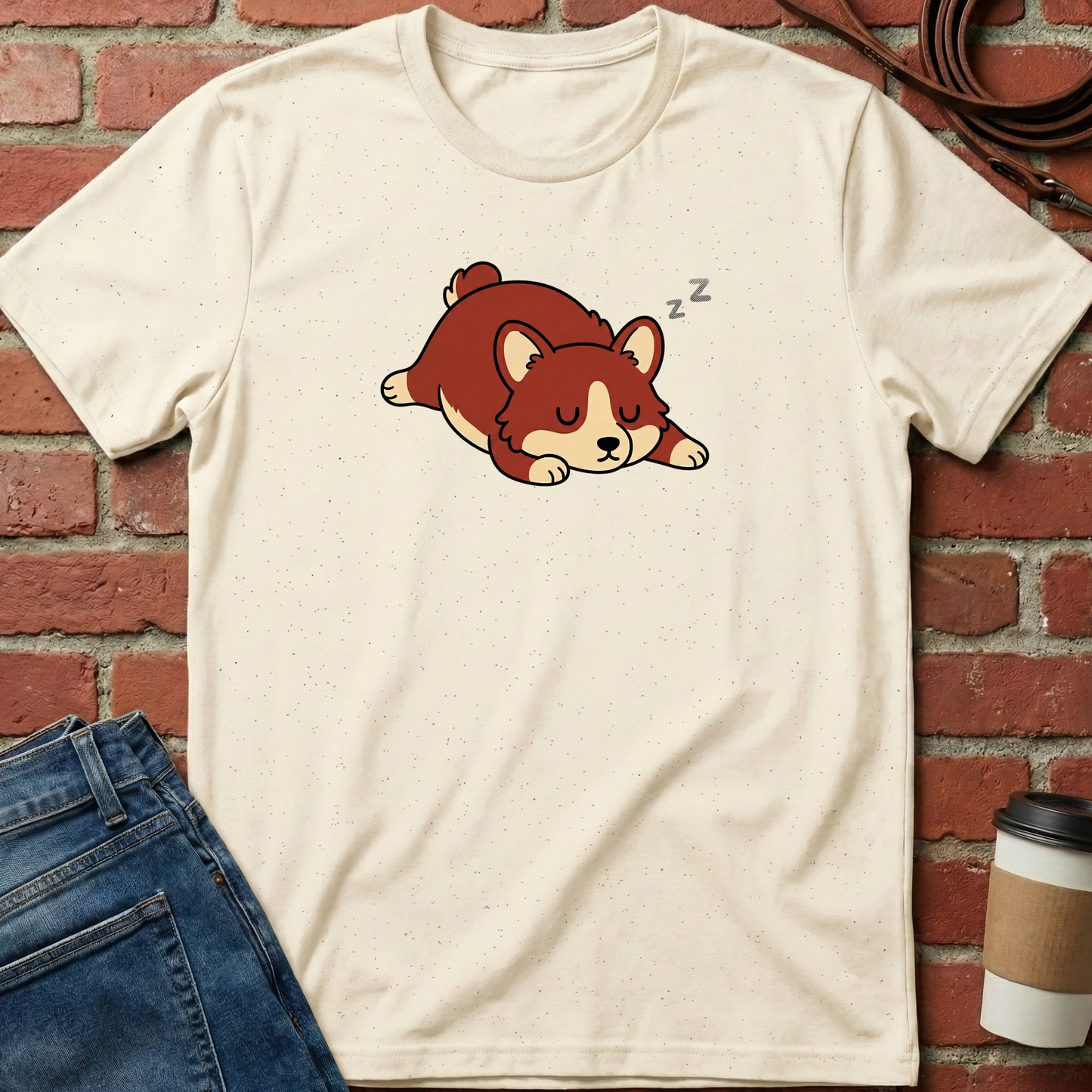 Beige t-shirt with a cartoon dog design on a brick wall background. Minimalist dog apparel by pemuyo.