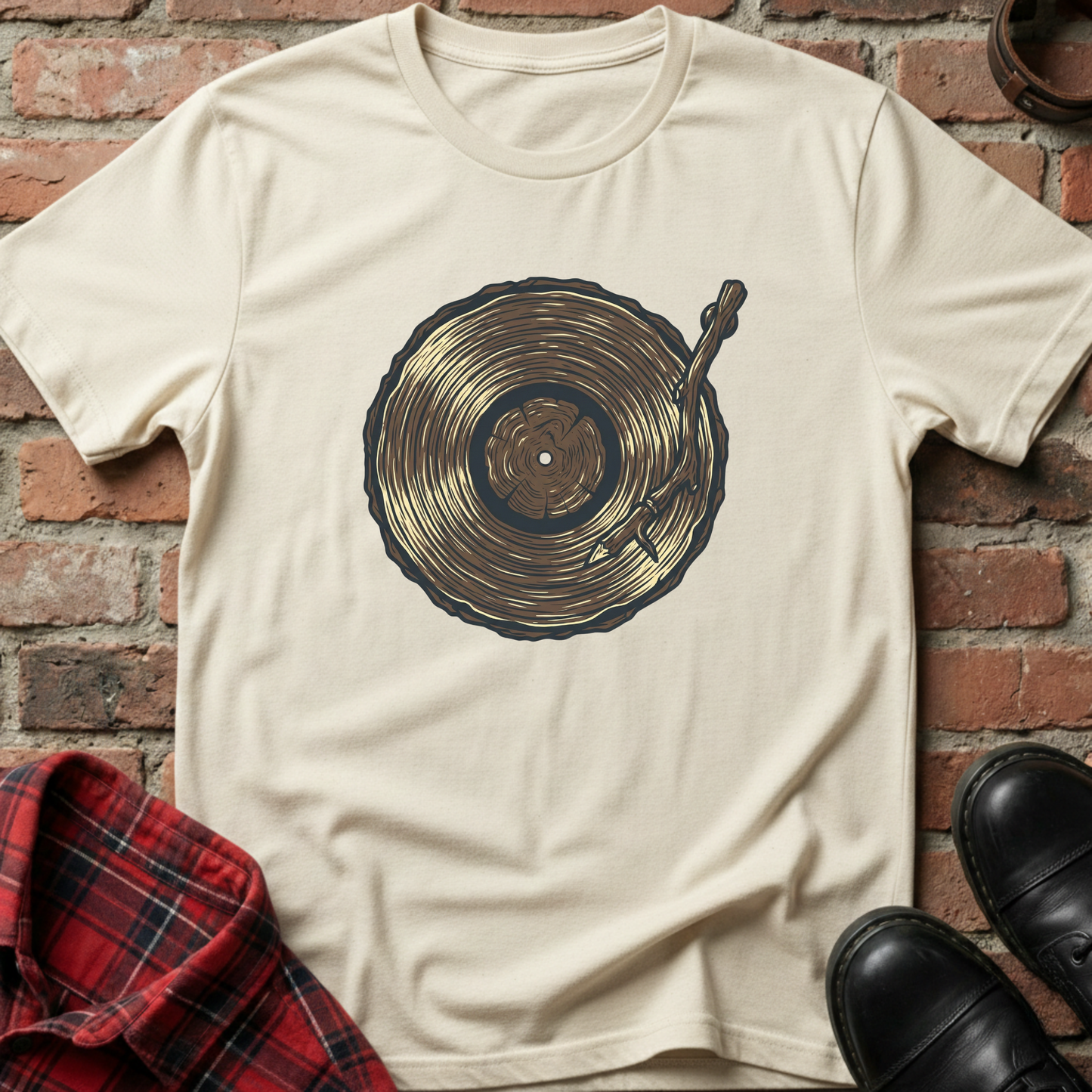 Beige t-shirt with a graphic design of a vinyl record and needle on a brick wall background. Minimalist music apparel by pemuyo.
