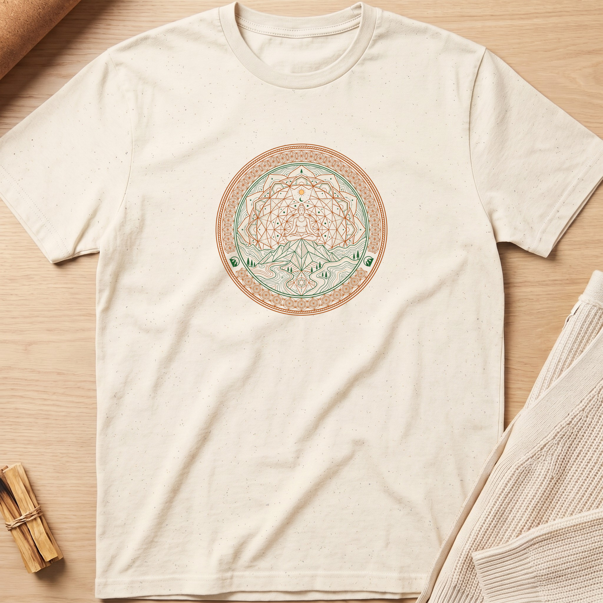 An off-white short-sleeve t-shirt with a circular mandala graphic on the chest, laid flat on a light wood background with neutral props. Minimalist yoga apparel by pemuyo.