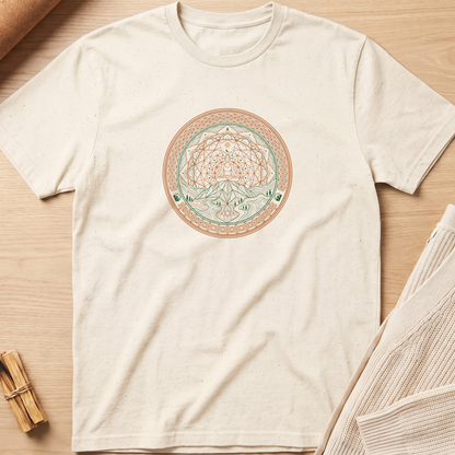An off-white short-sleeve t-shirt with a circular mandala graphic on the chest, laid flat on a light wood background with neutral props. Minimalist yoga apparel by pemuyo.