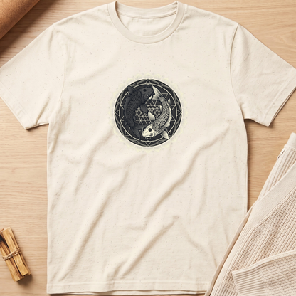 An off-white short-sleeve t-shirt with a circular black and gray koi fish graphic on the chest, laid flat on a light wood background. Minimalist yoga apparel by pemuyo.
