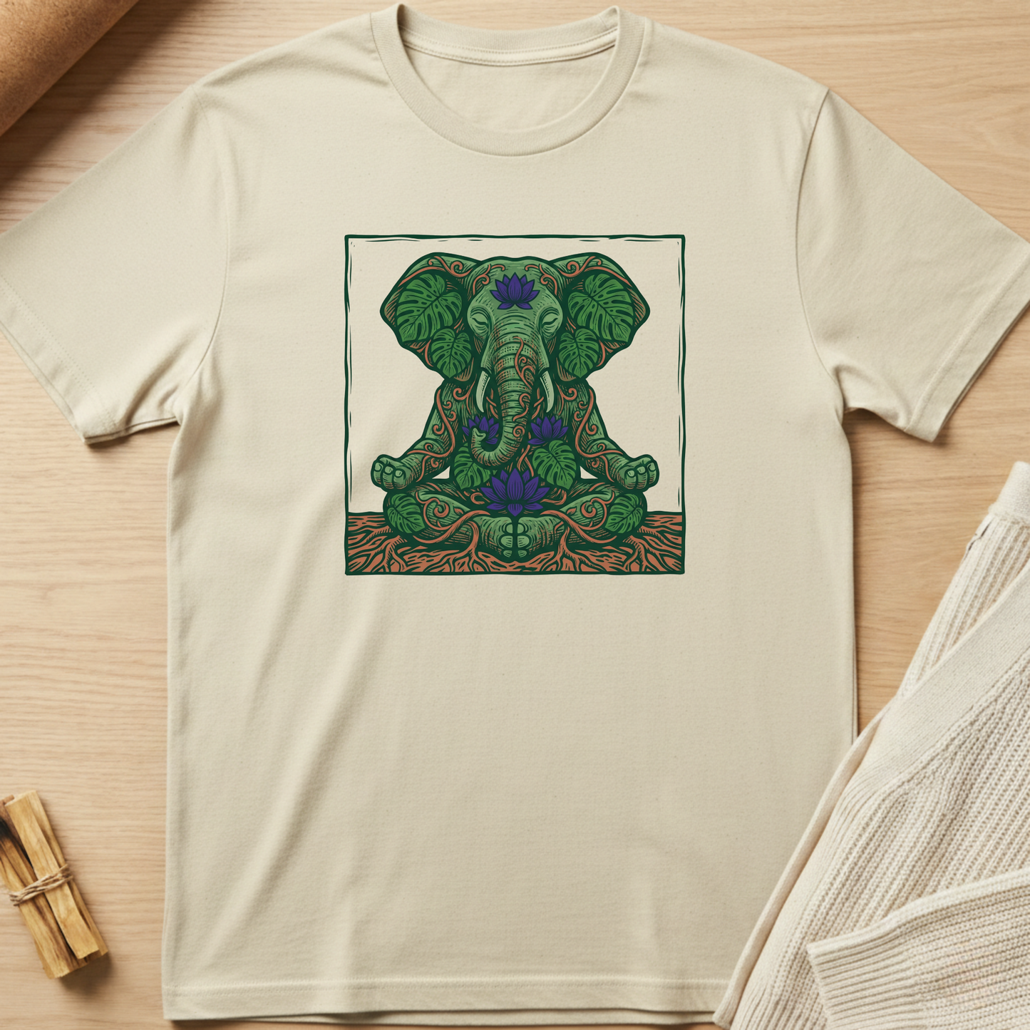 Beige t-shirt with a green elephant design on a wooden surface. Minimalist yoga apparel by pemuyo.