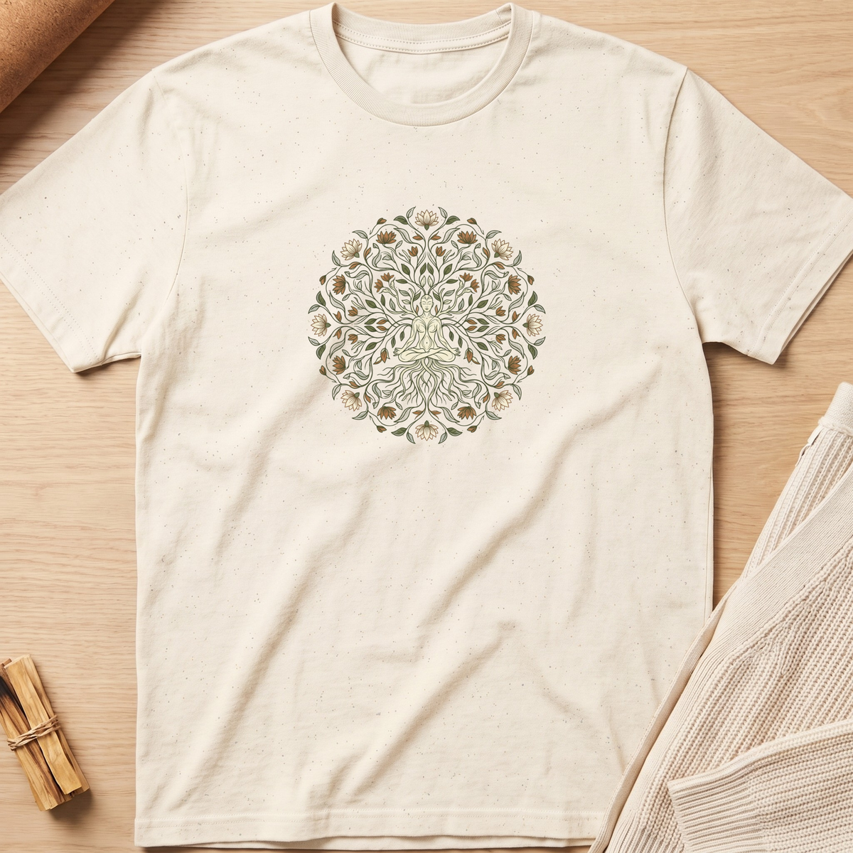 An off-white crewneck t-shirt with a circular mandala-style graphic of two birds in the center, laid flat on a light wood background with styled props. Minimalist yoga apparel by pemuyo.