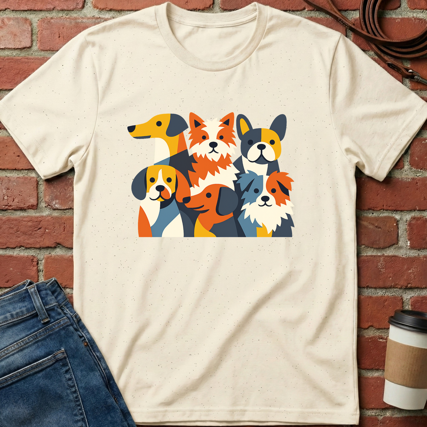 Beige t-shirt with colorful dog graphic on a brick wall background. Minimalist dog apparel by pemuyo.