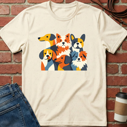 Beige t-shirt with colorful dog graphic on a brick wall background. Minimalist dog apparel by pemuyo.