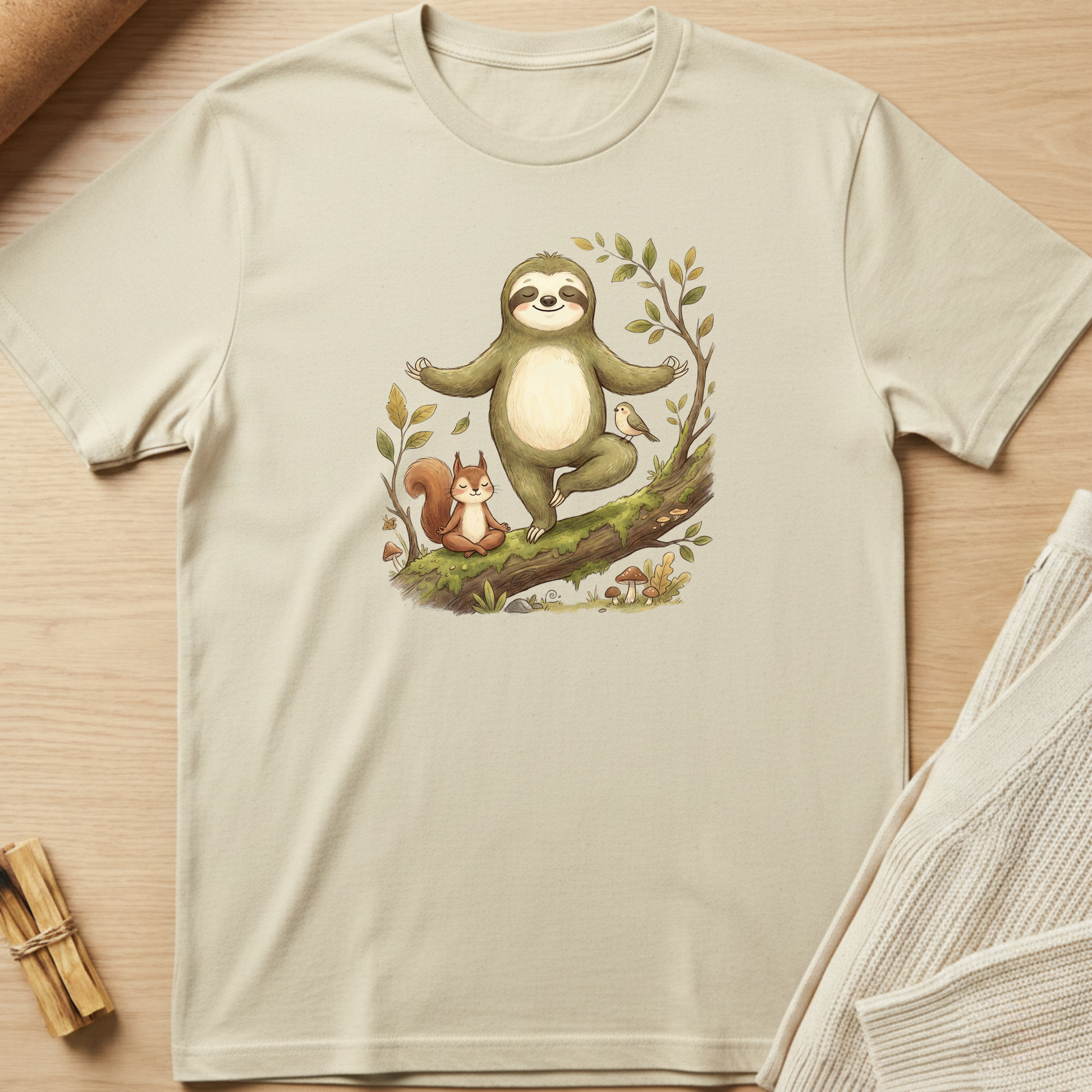 Beige t-shirt with a sloth and squirrel design on a wooden surface. Minimalist yoga apparel by pemuyo.