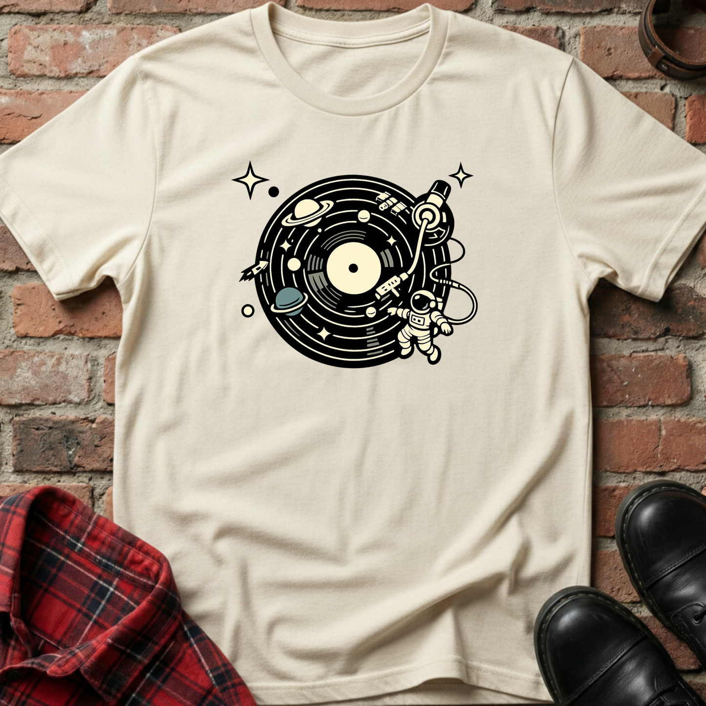 Beige t-shirt with vinyl record design on a brick wall background. Minimalist music apparel by pemuyo.