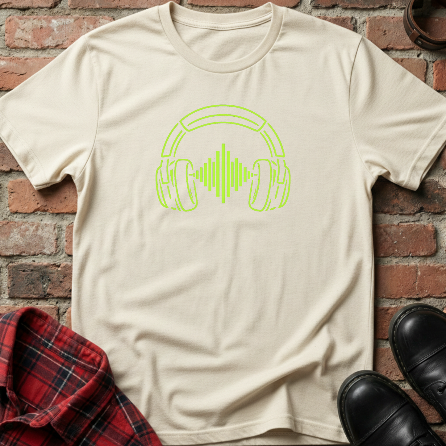 Beige t-shirt with green headphones graphic on a brick wall background. Minimalist music apparel by pemuyo.