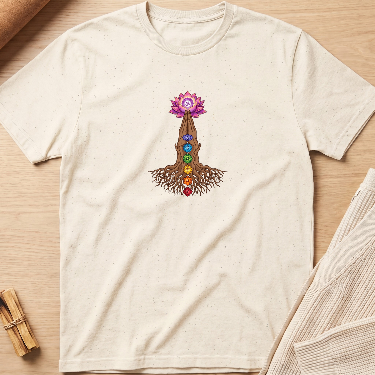 An off-white short-sleeve t-shirt laid flat on a light wood background, featuring a central graphic of a brown tree root system with a pink lotus flower on top and seven colorful gemstone chakras along the trunk. Minimalist yoga apparel by pemuyo.