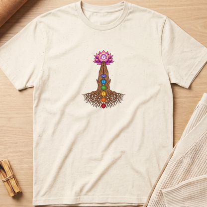 An off-white short-sleeve t-shirt laid flat on a light wood background, featuring a central graphic of a brown tree root system with a pink lotus flower on top and seven colorful gemstone chakras along the trunk. Minimalist yoga apparel by pemuyo.