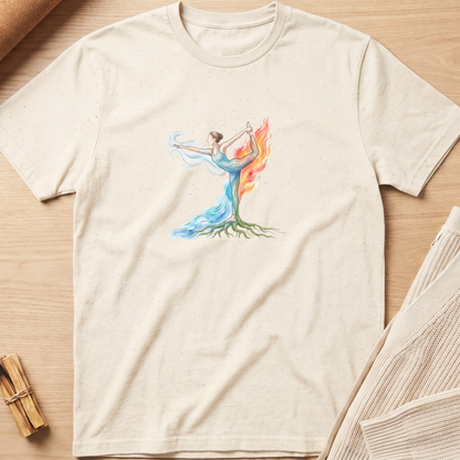 An off-white short-sleeve t-shirt with a colorful graphic of a dancer whose body forms a tree with blue and orange flames, laid flat on a light wood background. Minimalist yoga apparel by pemuyo.
