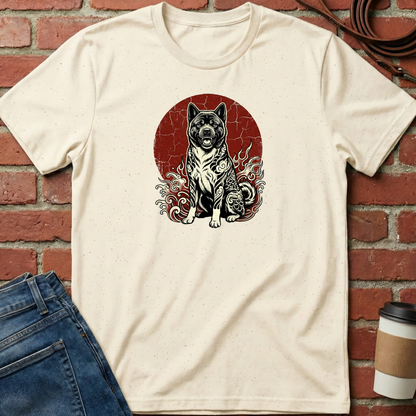 Beige t-shirt with a dog graphic on a brick wall background. Minimalist dog apparel by pemuyo.