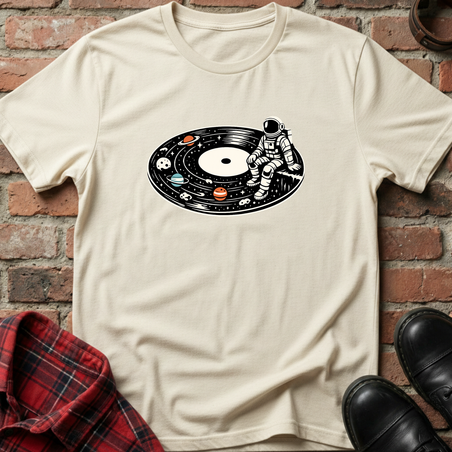 Beige t-shirt with an astronaut and solar system design on a brick wall background. Minimalist music apparel by pemuyo.