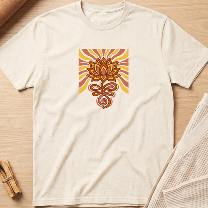 An off-white short-sleeve t-shirt with a retro-style lotus flower and infinity symbol graphic in orange, yellow, and red, laid flat on a light wood background. Minimalist yoga apparel by pemuyo.