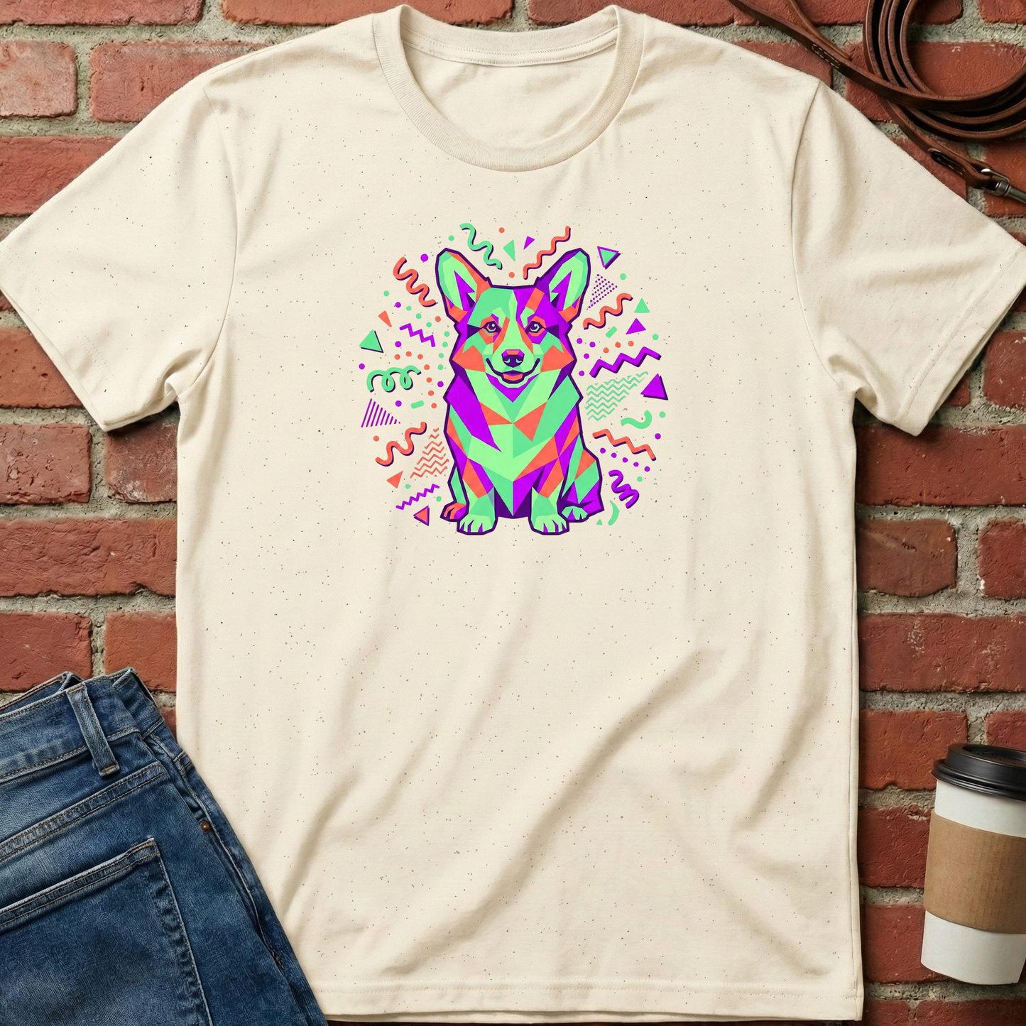 Beige t-shirt with a colorful dog graphic on a brick wall background. Minimalist dog apparel by pemuyo.