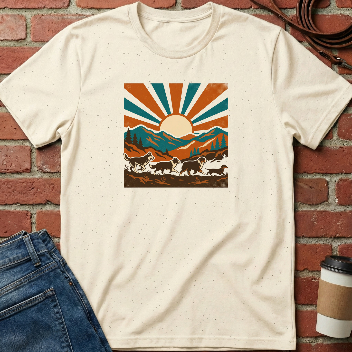 Beige t-shirt with a graphic design of mountains and sun on a brick wall background. Minimalist dog apparel by pemuyo.