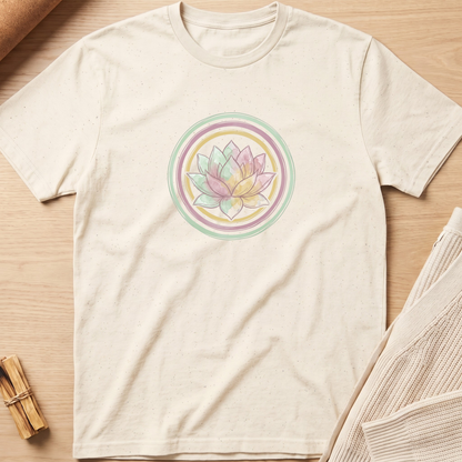 An off-white short-sleeve t-shirt with a pastel lotus flower graphic inside concentric circles on the chest, laid flat on a light wood background. Minimalist yoga apparel by pemuyo.