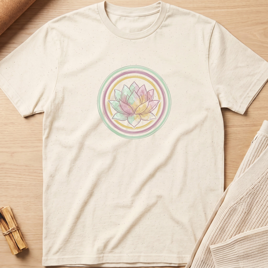 An off-white short-sleeve t-shirt with a pastel lotus flower graphic inside concentric circles on the chest, laid flat on a light wood background. Minimalist yoga apparel by pemuyo.
