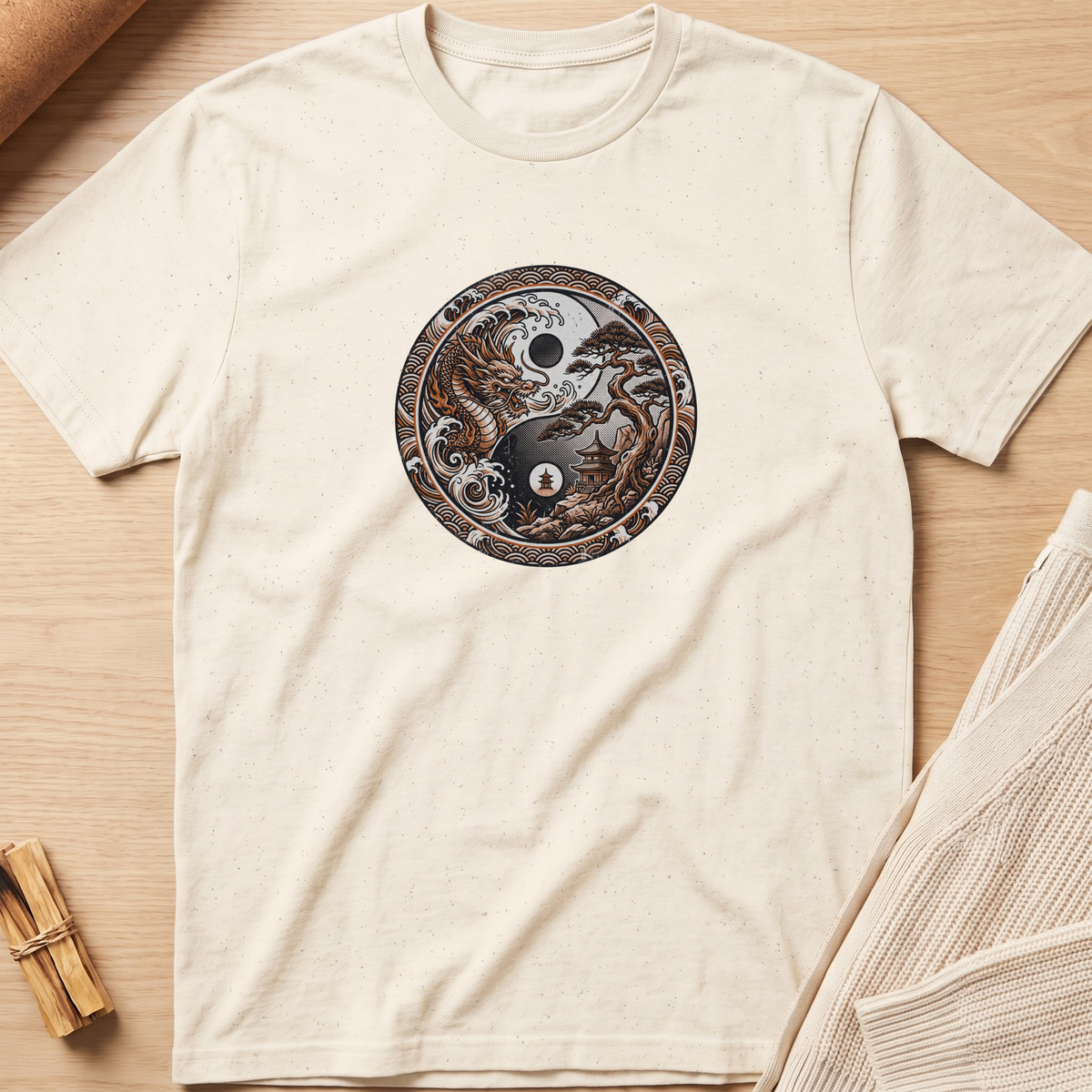An off-white crewneck t-shirt laid flat on a light wood background, featuring a circular graphic of a yin-yang symbol composed of a black cat and a white cat with a small moon and star in the center. Minimalist yoga apparel by pemuyo.