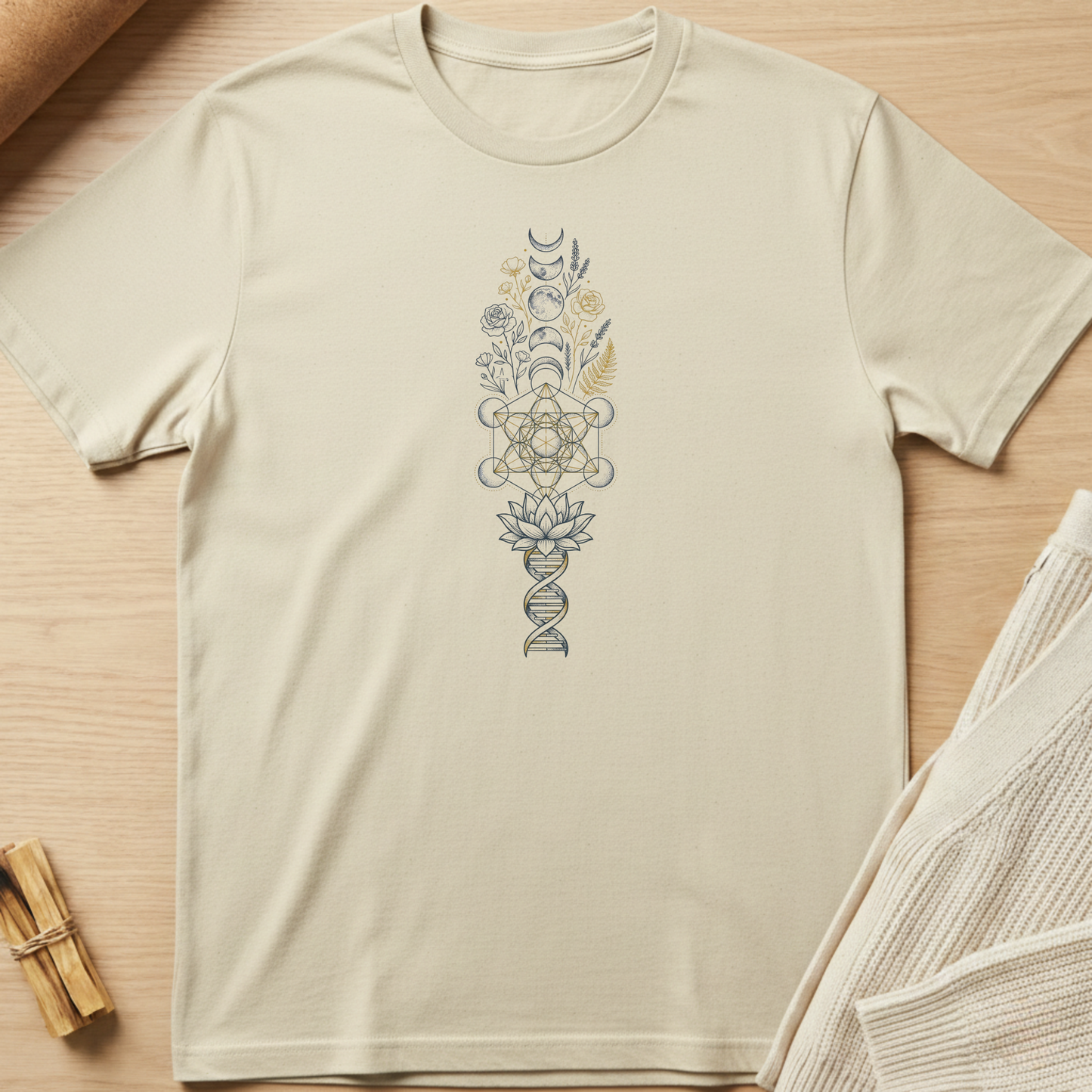 Beige t-shirt with a floral and geometric design on a wooden surface. Minimalist yoga apparel by pemuyo.